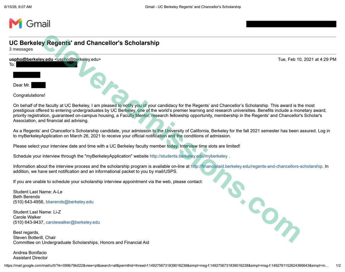UC Berkeley Regents' & Chancellor's Scholarship notification email (student name redacted)