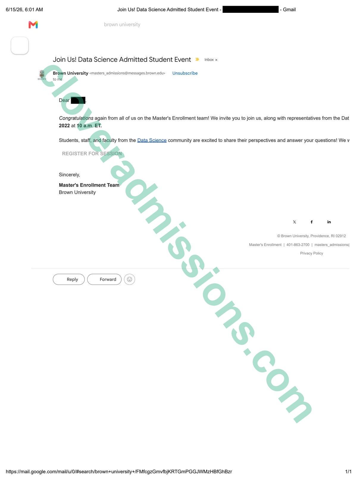 Brown University admitted-student email for the M.S. in Data Science (student name redacted)
