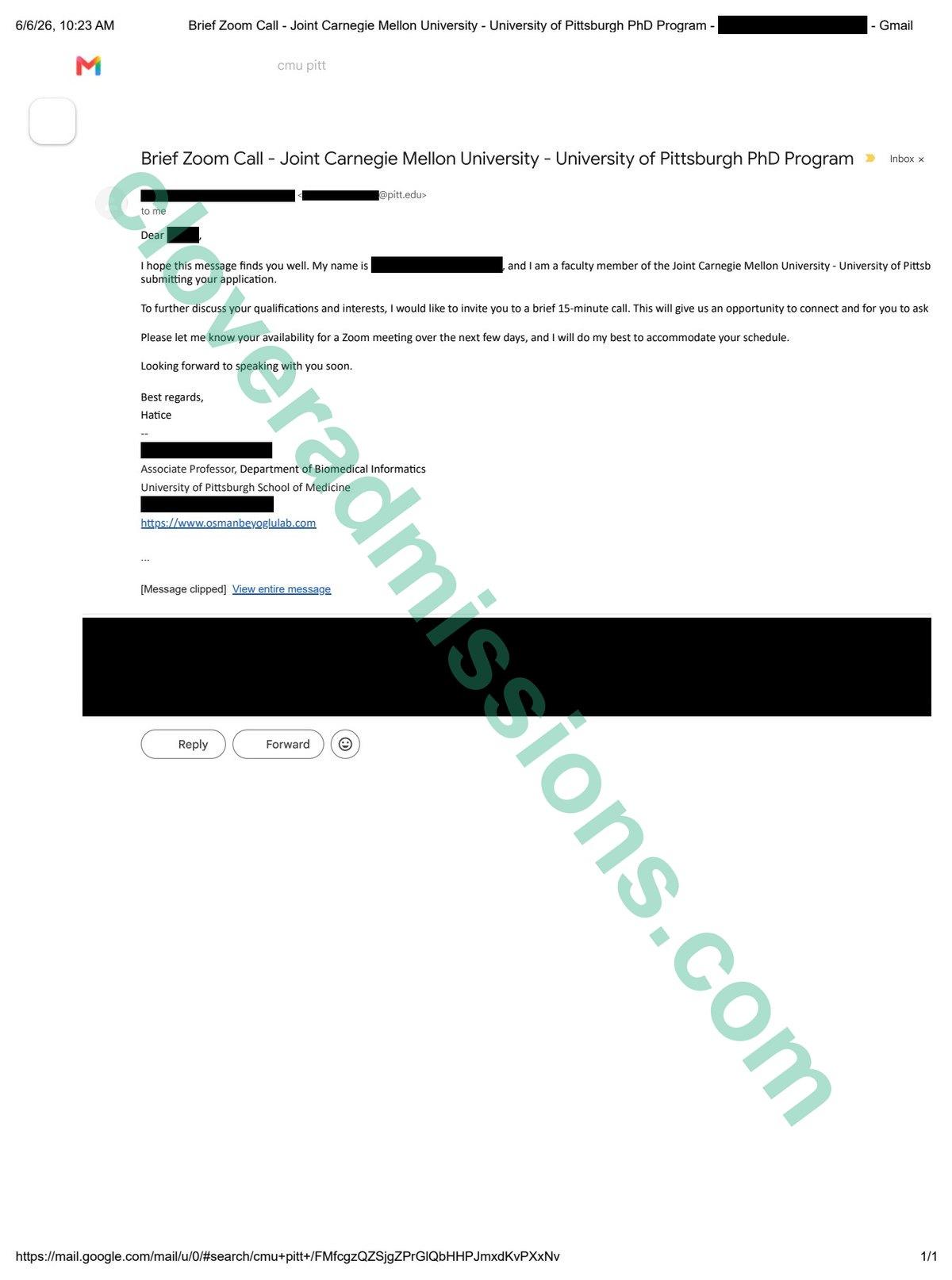 Carnegie Mellon / University of Pittsburgh Biomedical Informatics Ph.D. interview invitation (student name redacted)