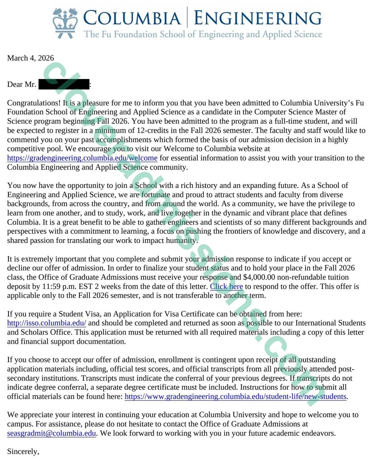 Columbia University admission letter for the M.S. in Computer Science (student name redacted)