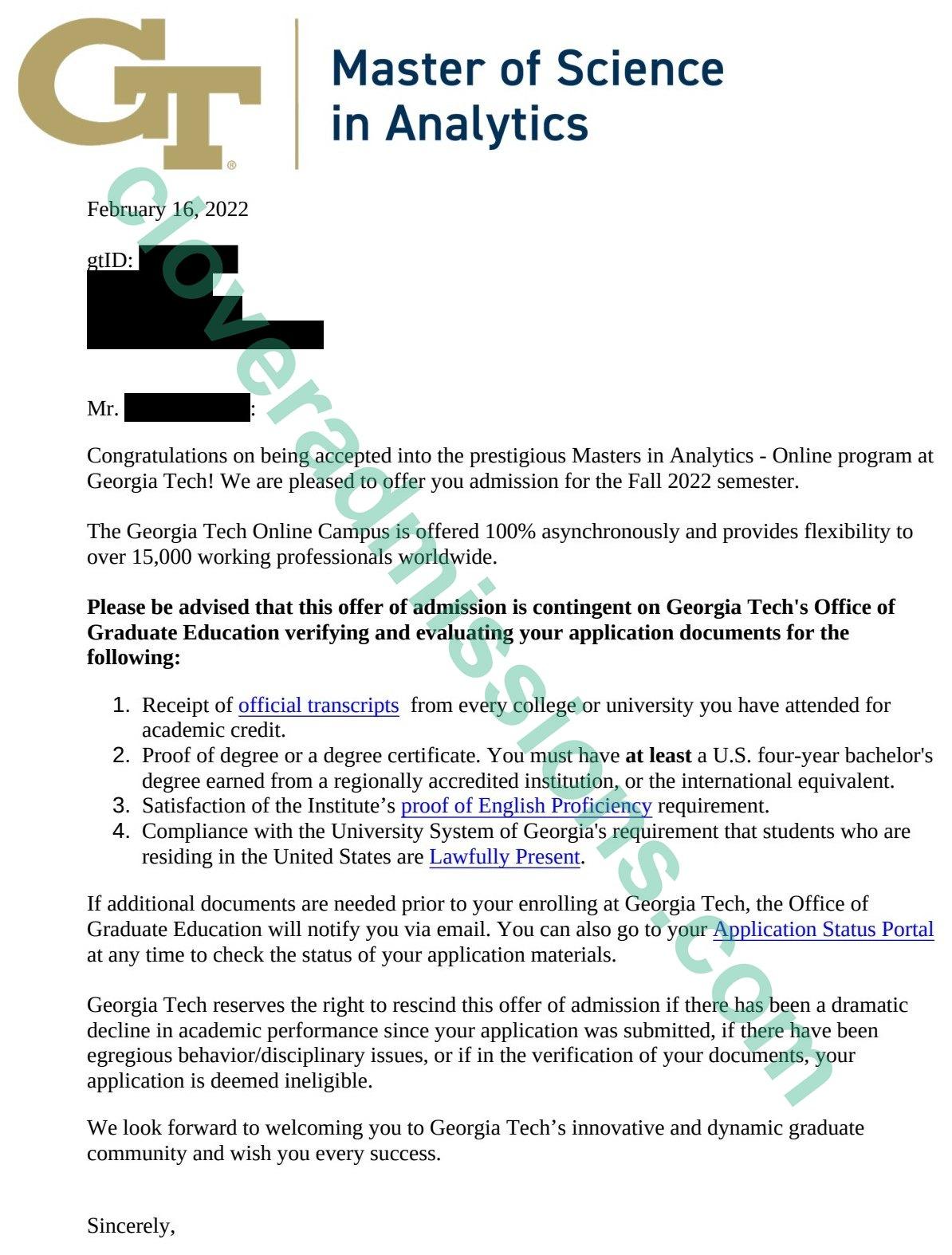 Georgia Tech admission letter for the M.S. in Analytics (student name redacted)