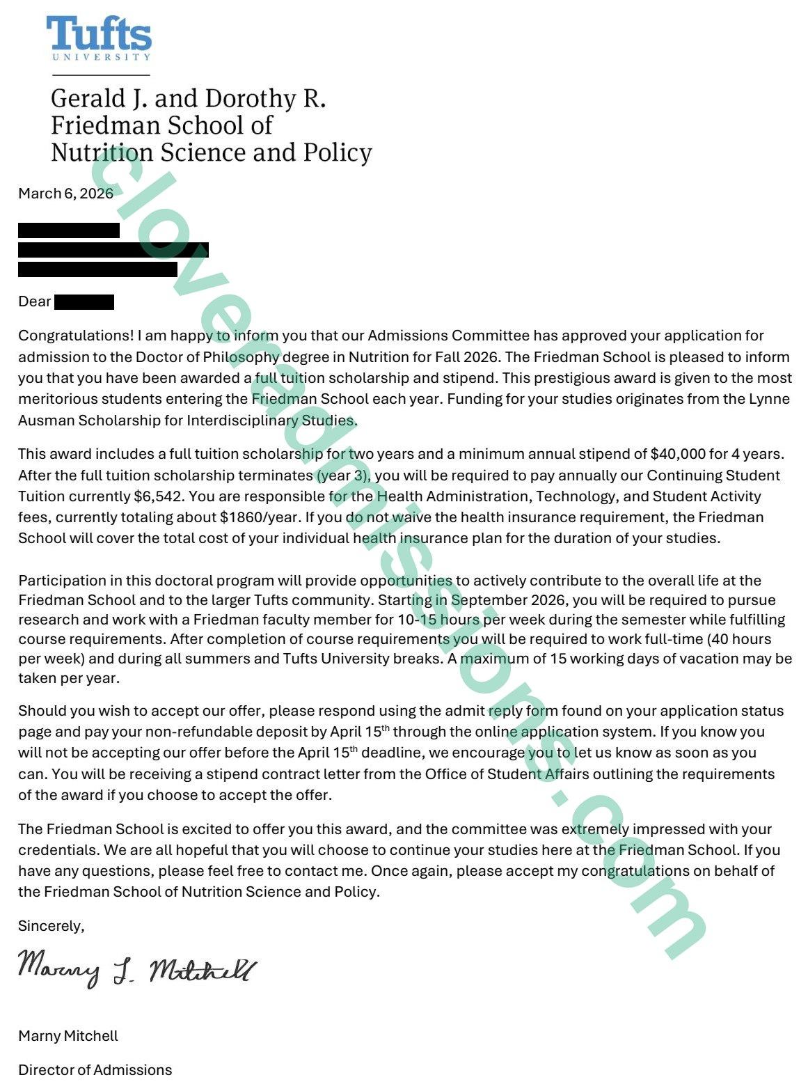 Tufts Friedman School admission letter for the Nutrition Science Ph.D. with full funding (student name redacted)