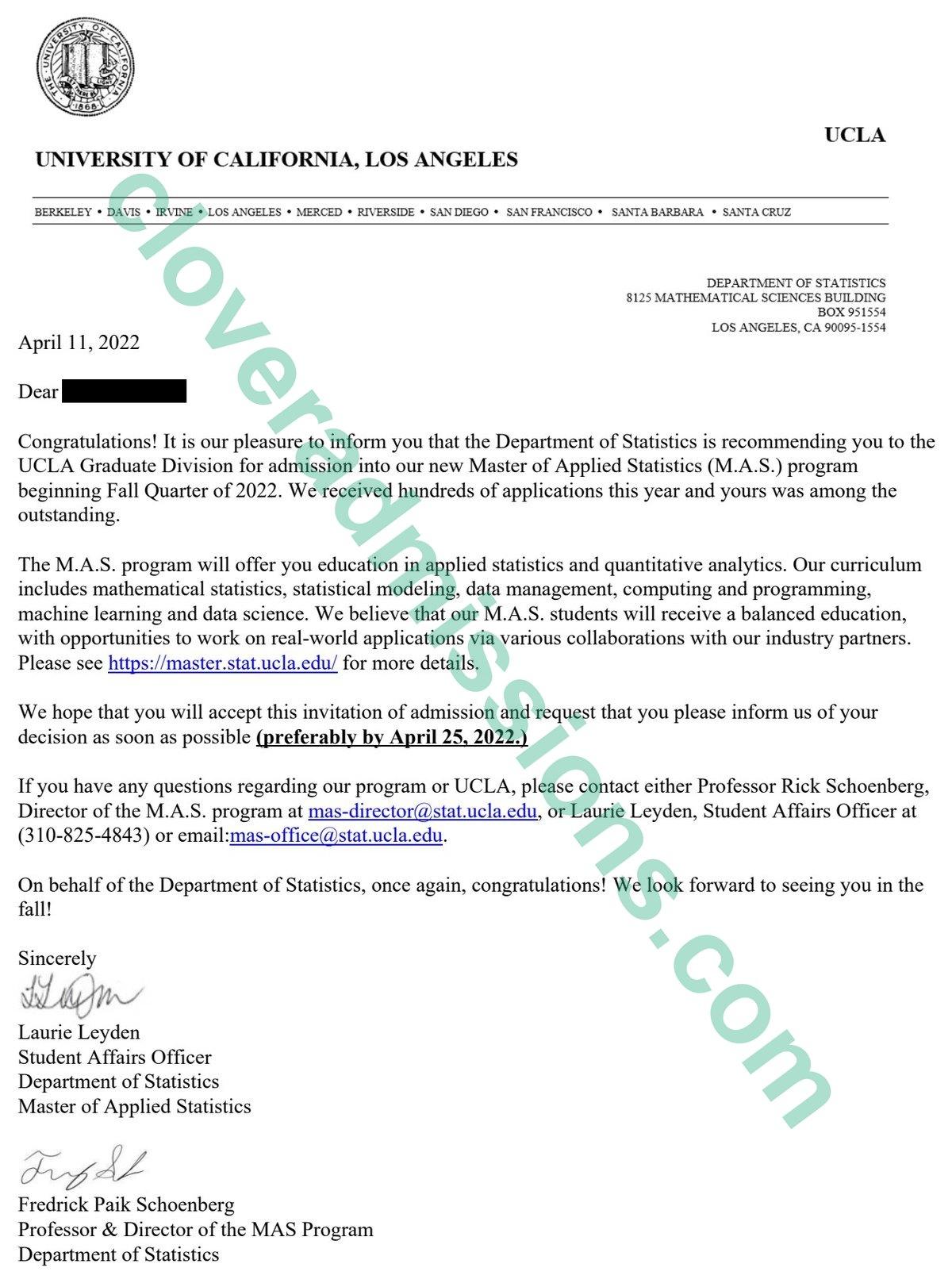 UCLA admission letter for the M.S. in Applied Statistics (student name redacted)