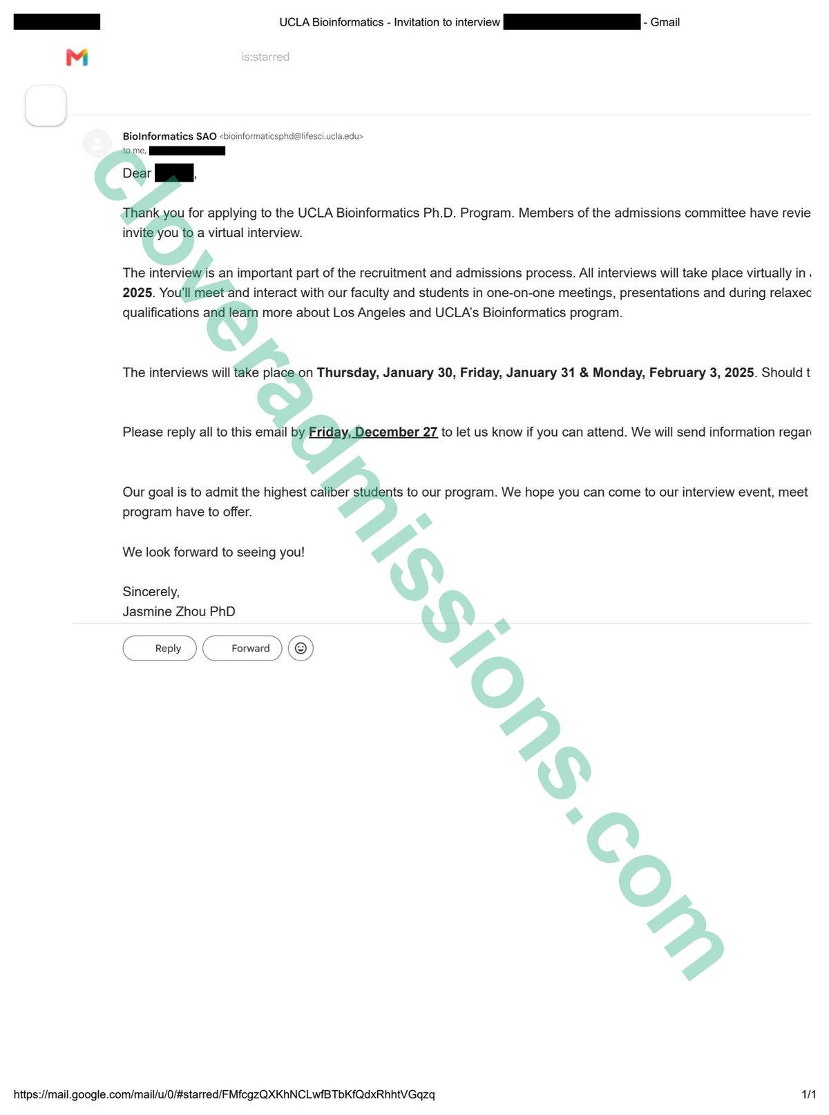 UCLA Bioinformatics Ph.D. interview invitation email (student name redacted)