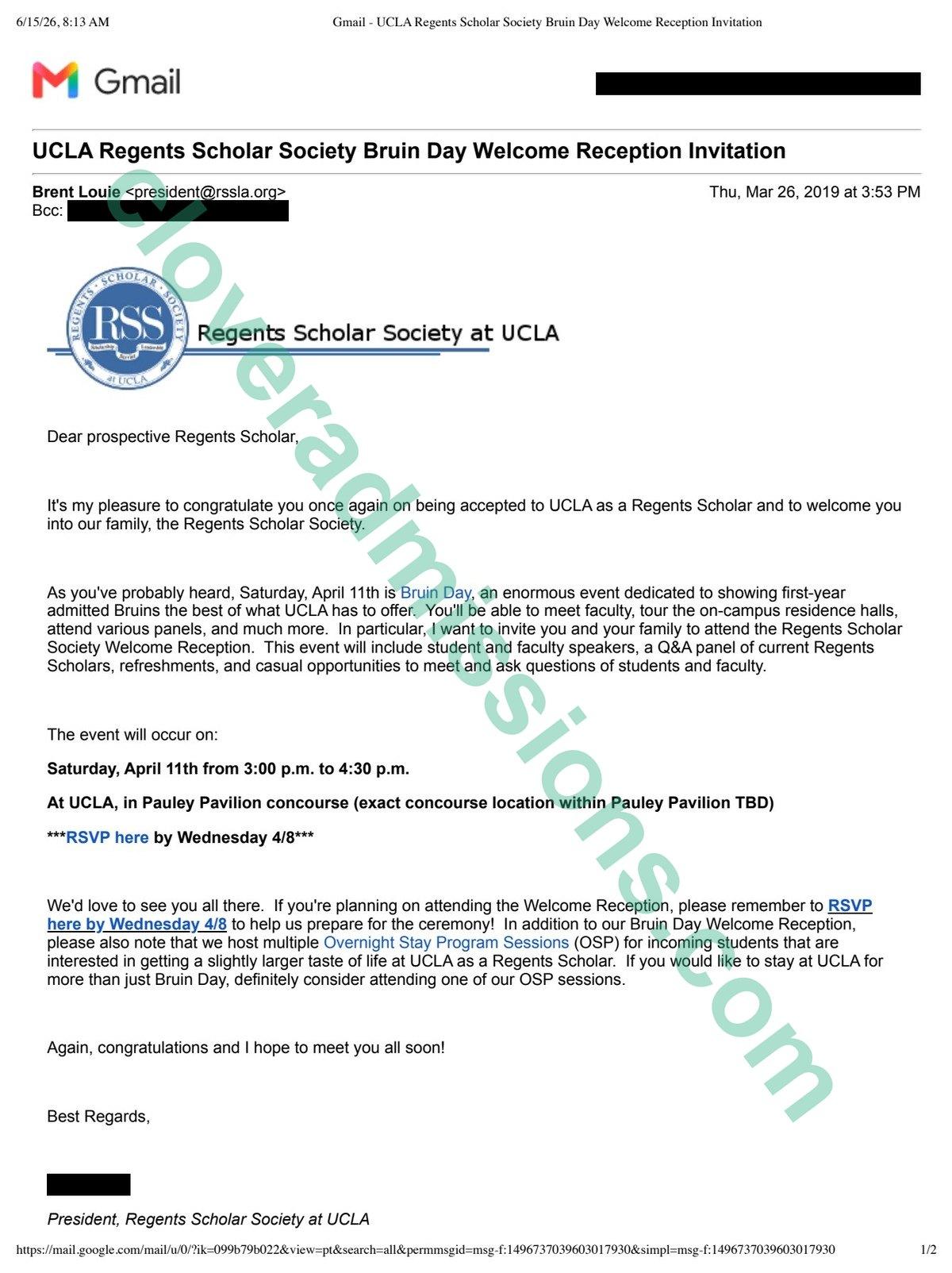 UCLA Regents Scholar Society welcome email for an admitted Regents Scholar (student name redacted)