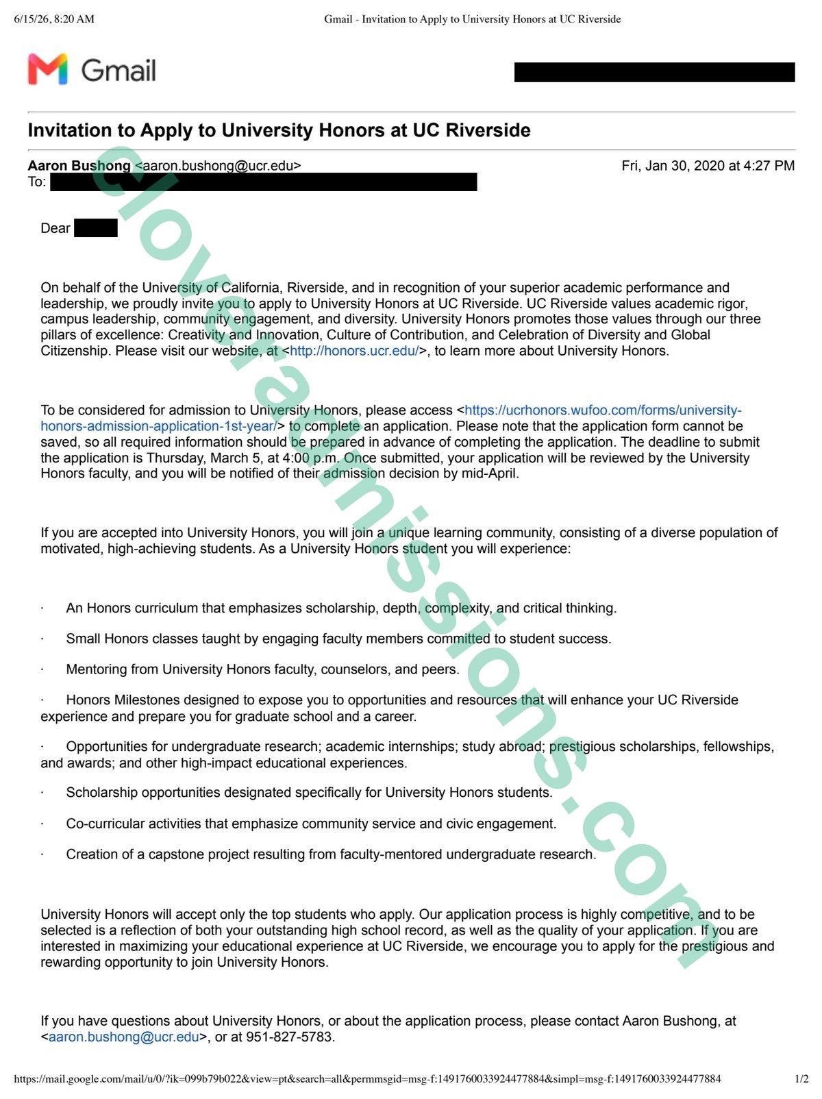 UC Riverside University Honors invitation-to-apply email (student name redacted)