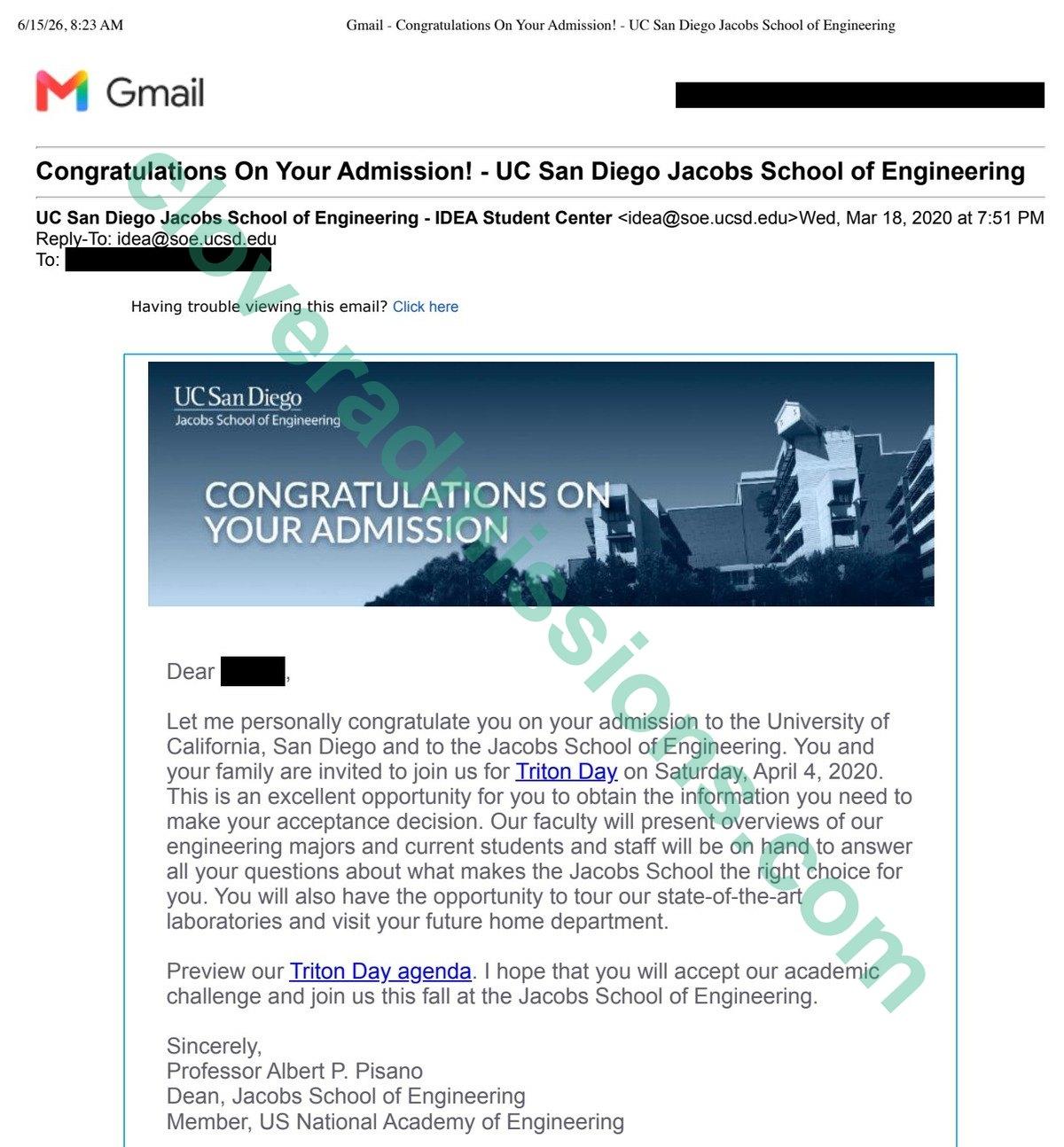 UC San Diego Jacobs School of Engineering admission email (student name redacted)