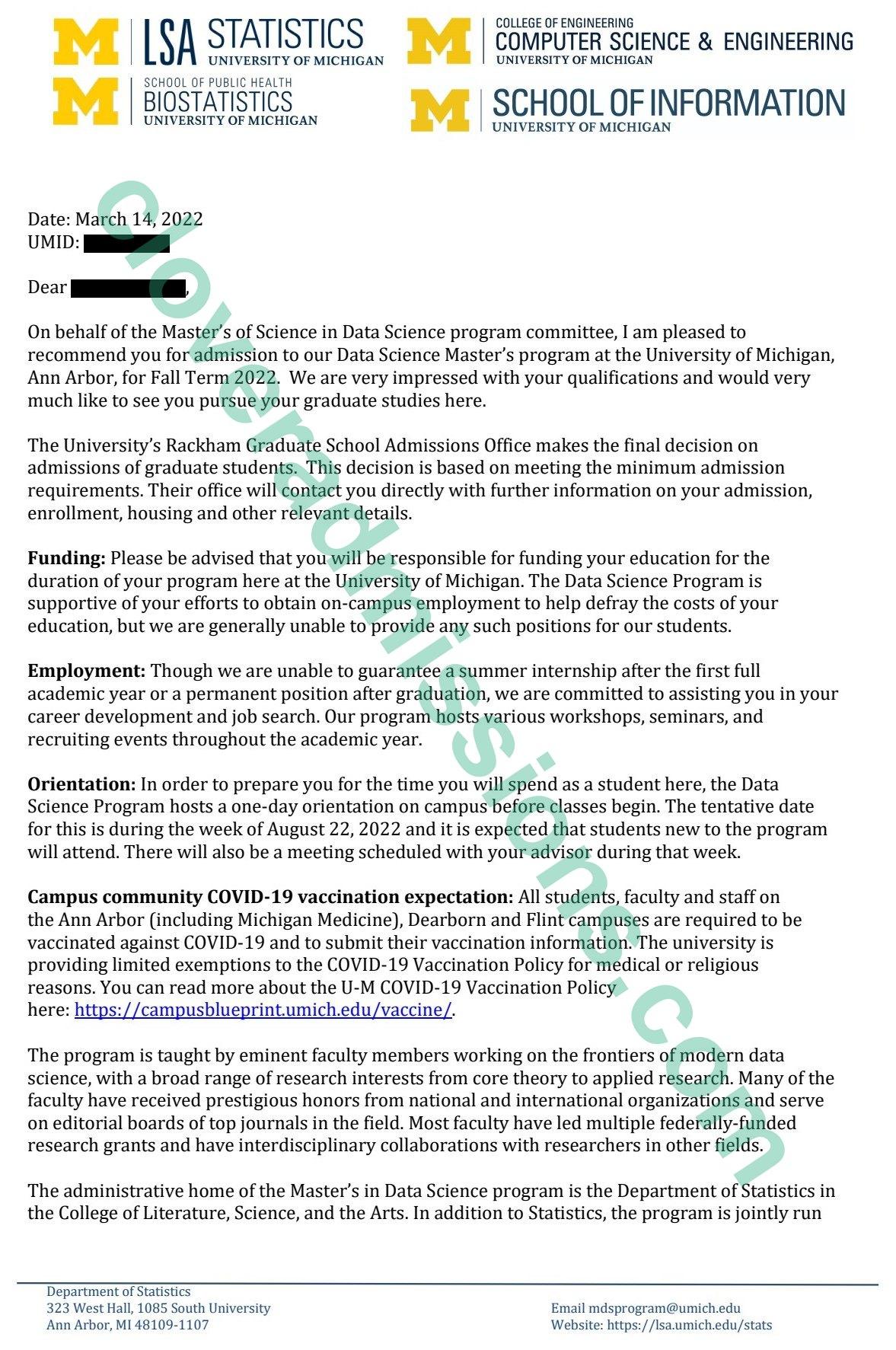 University of Michigan admission letter for the M.S. in Data Science (student name redacted)