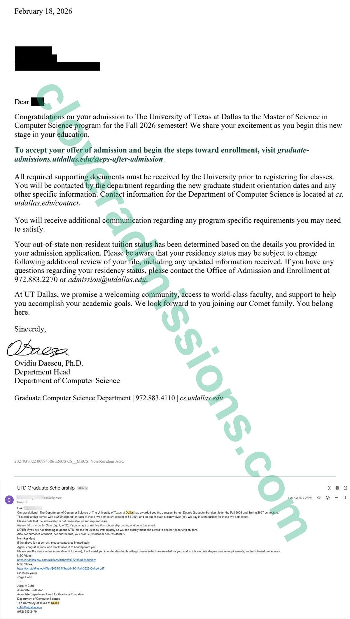 UT Dallas M.S. Computer Science admission letter with the Jonsson School Dean's Graduate Scholarship award (student name redacted)